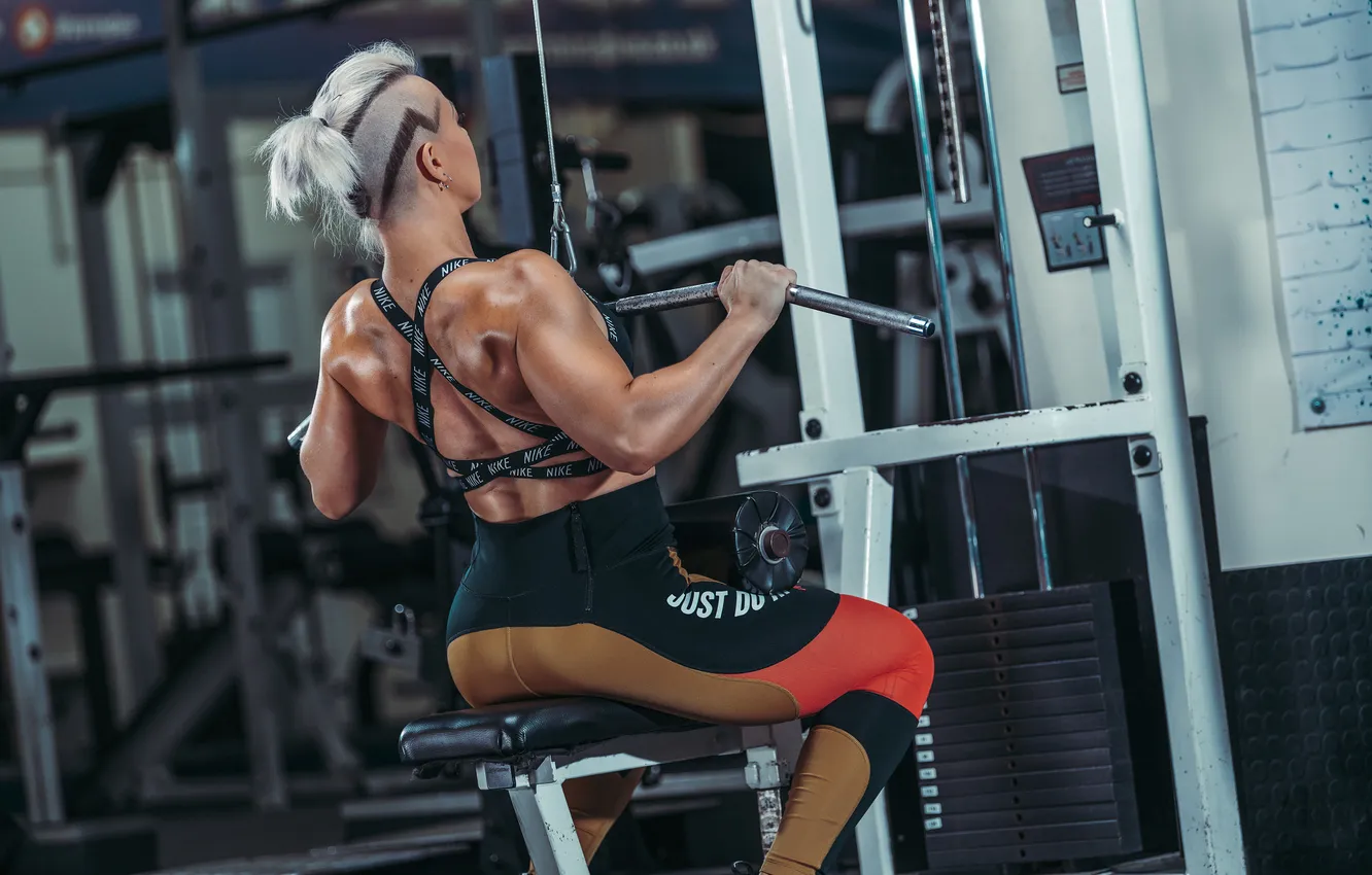 Photo wallpaper woman, strength, fitness, gym, hairstyle