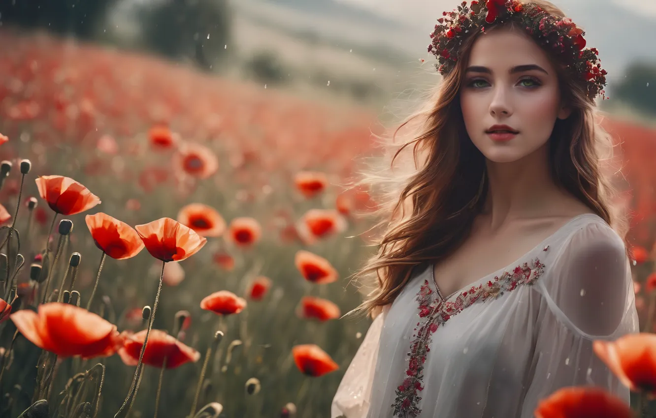 Photo wallpaper field, look, girl, flowers, red, nature, Maki, portrait