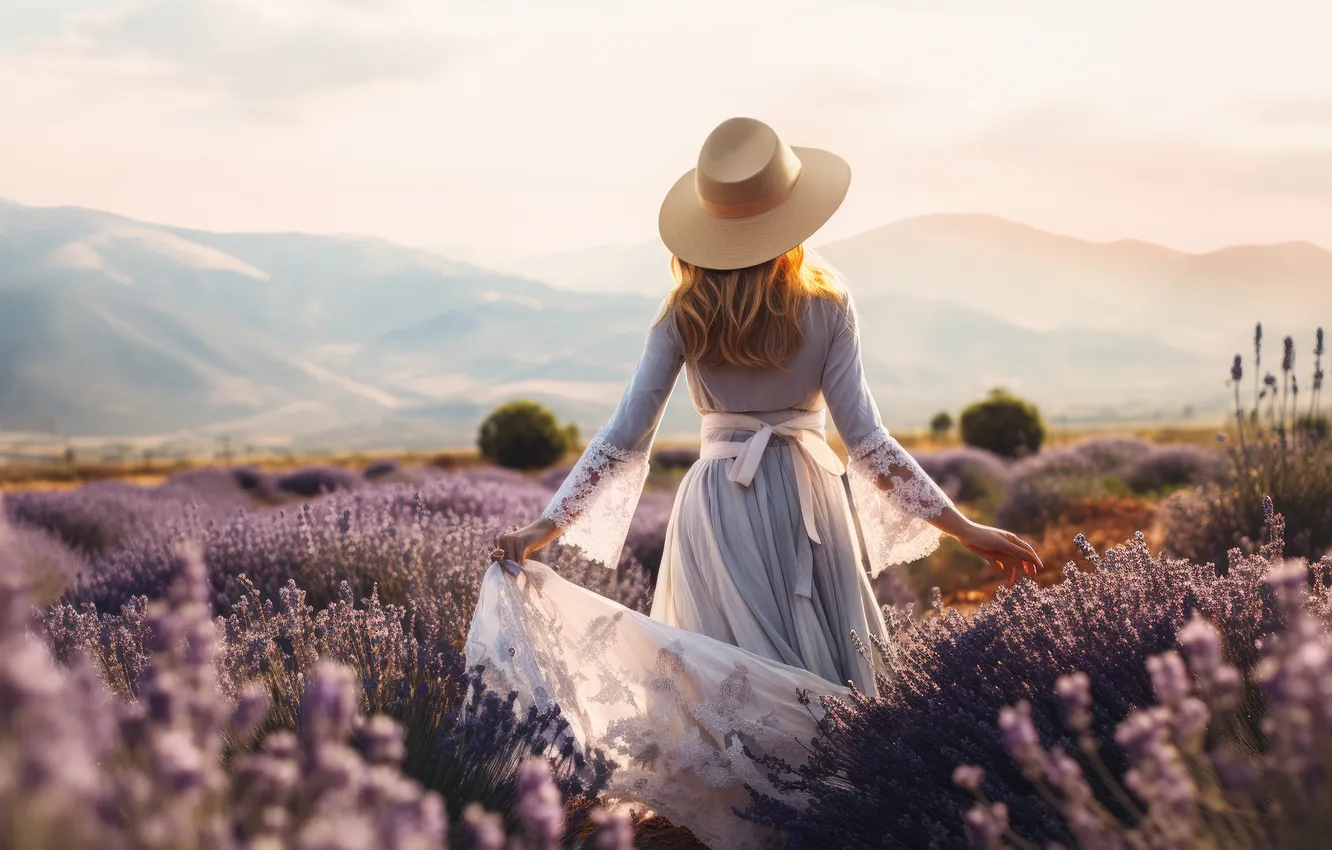 Photo wallpaper summer, girl, flowers, mountains, fog, hat, haze, walk