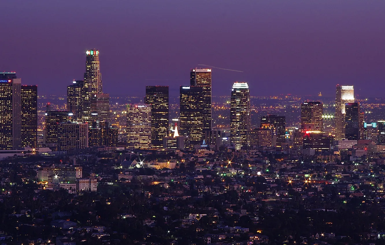 Photo wallpaper trees, night, skyscrapers, horizon, Los Angeles, Los Angeles, long exposure