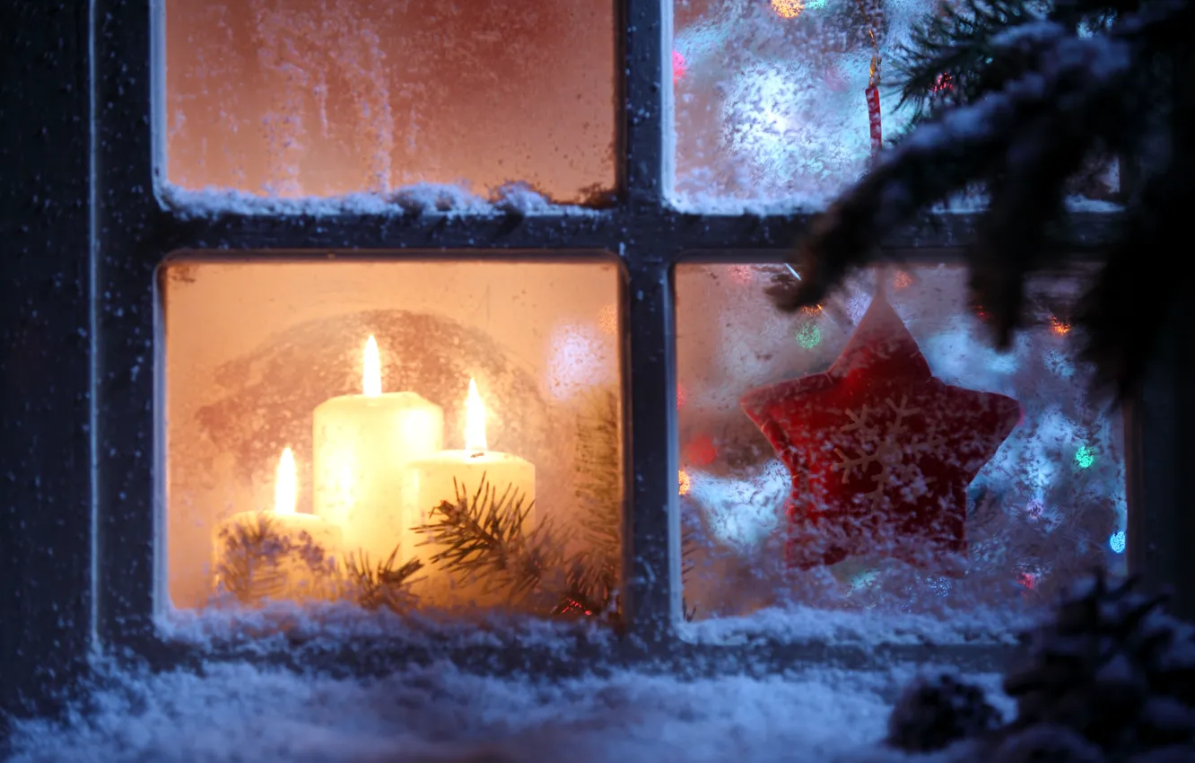 Photo wallpaper stars, snow, snowflakes, Windows, new year, candles, window, star