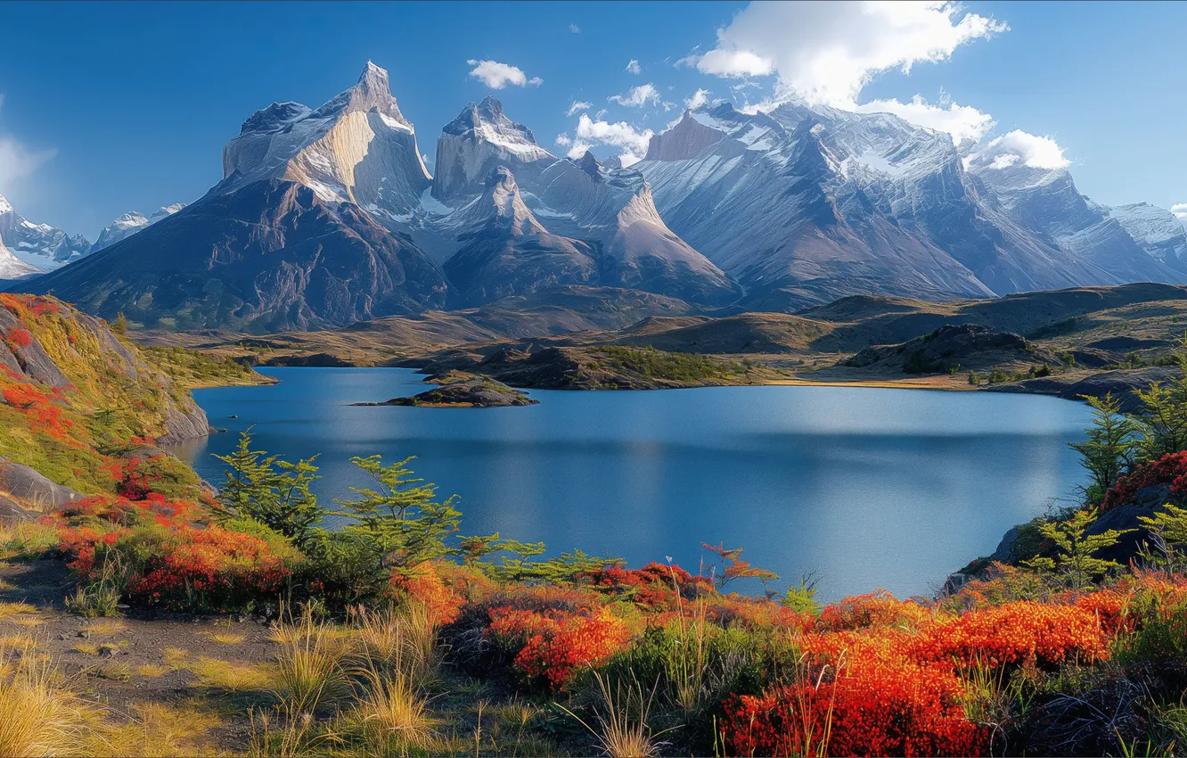 Photo wallpaper landscape, flowers, mountains, nature, lake, beauty, spring, landscape