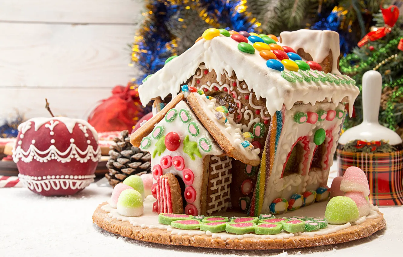 Photo wallpaper apples, Board, new year, Christmas, candy, house, tinsel, bells