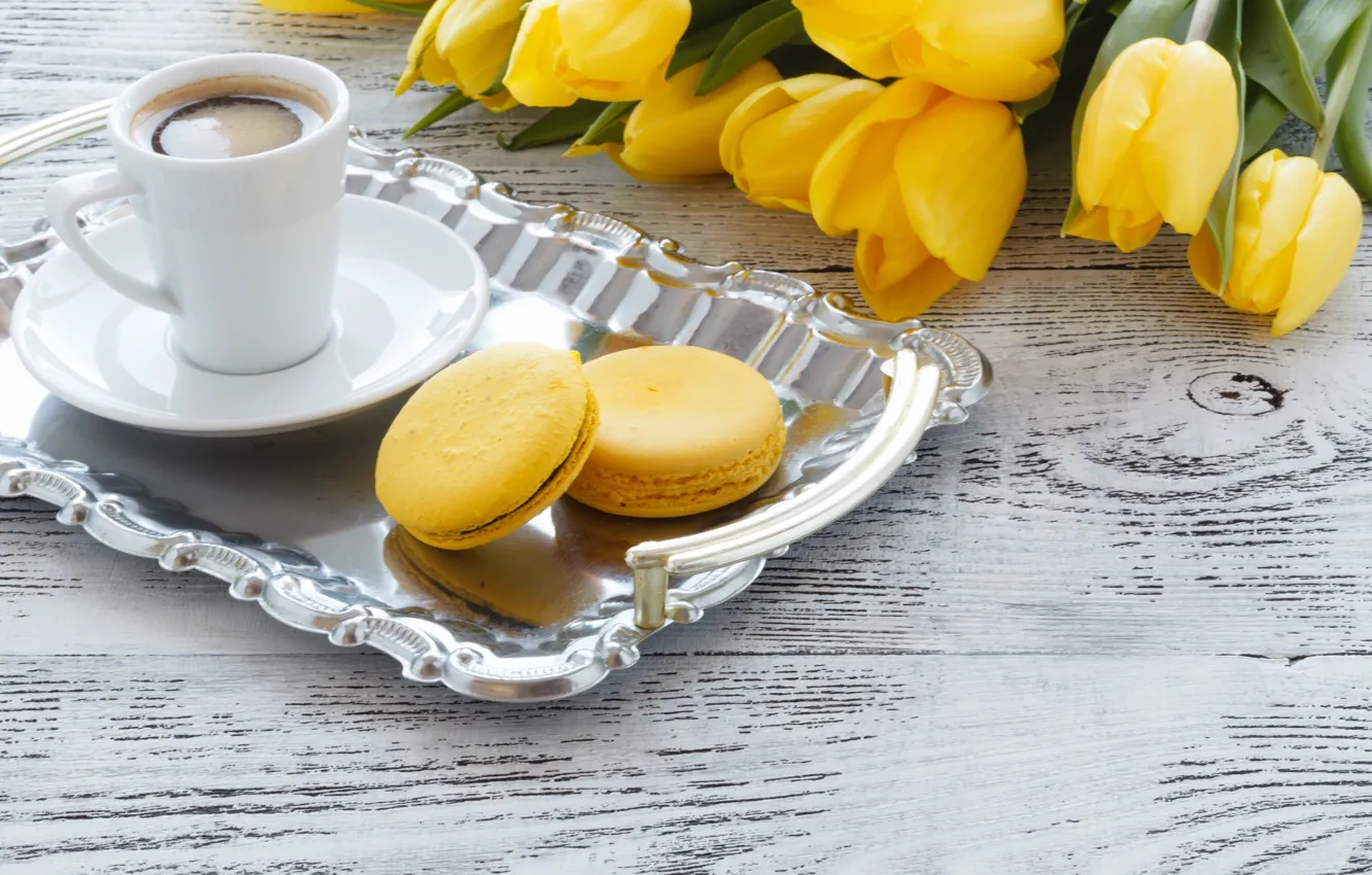 Photo wallpaper coffee, cookies, Cup, tulips, tray, Andrey Cherkasov