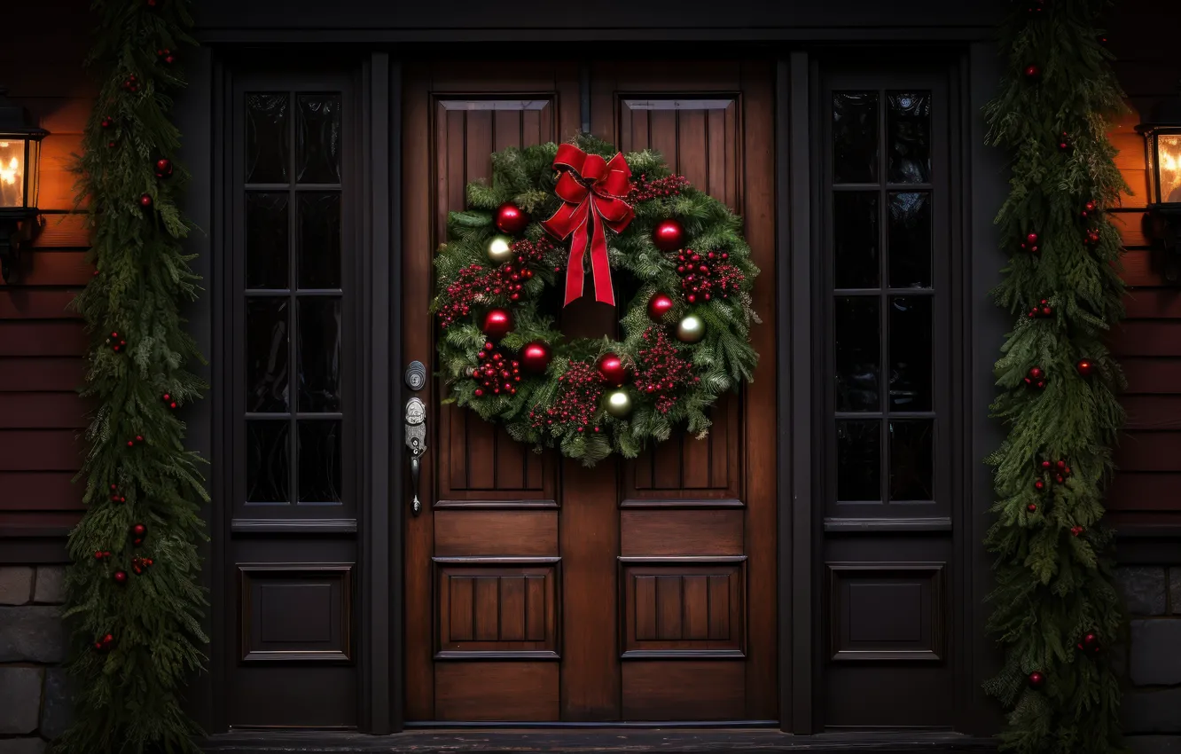 Photo wallpaper decoration, new year, the door, Christmas, Christmas, wreath, wood, New Year