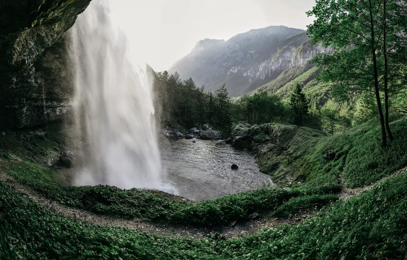 Photo wallpaper mountains, hills, waterfall