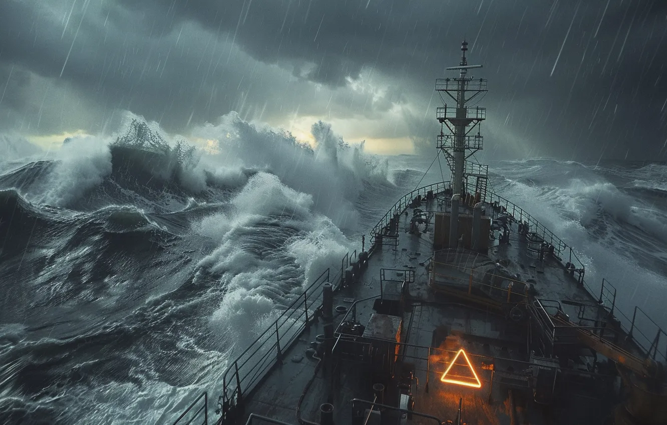 Photo wallpaper Sea, Wave, Ship, Rain, Storm, The portal, Digital art, AI art