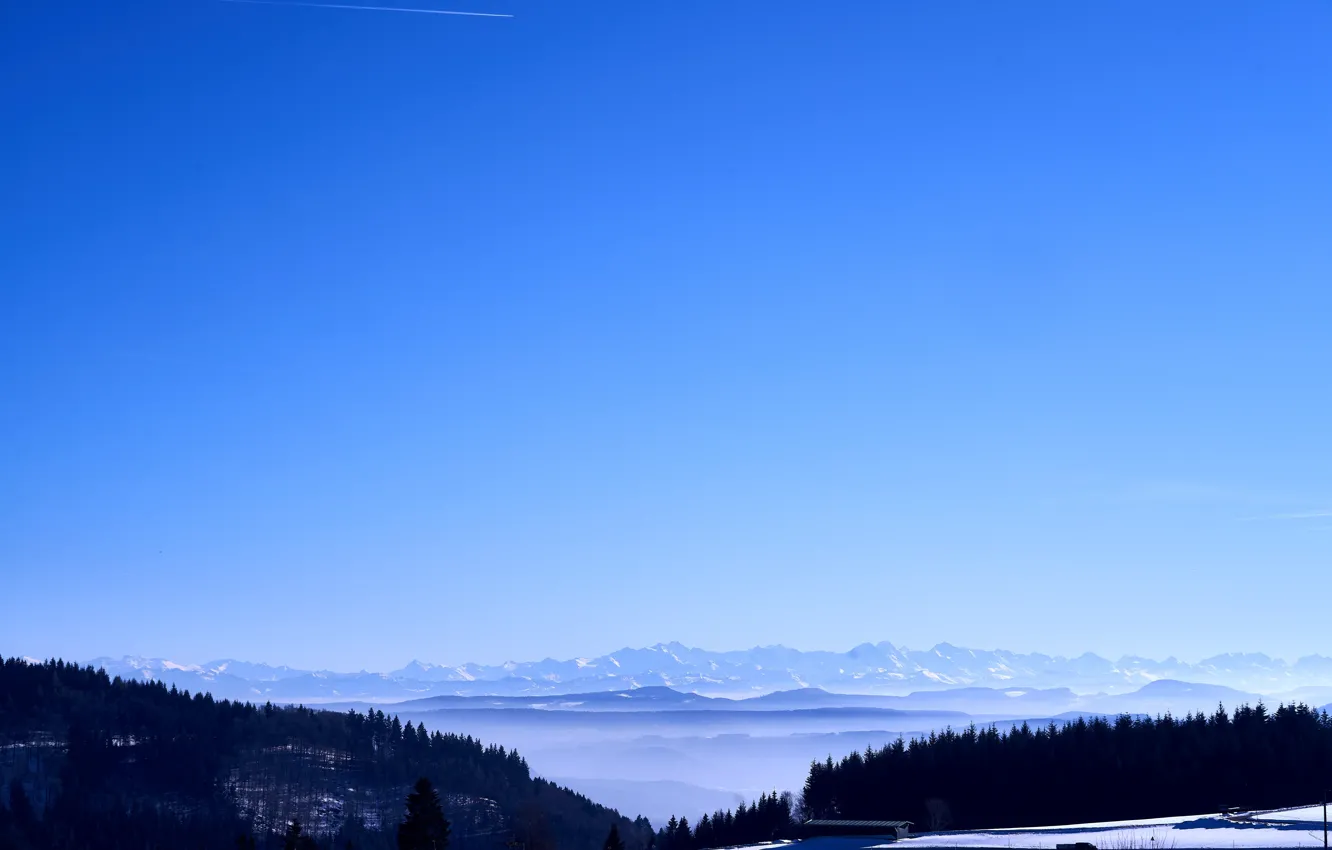 Photo wallpaper house, sky, trees, landscape, nature, wood, winter, mountain