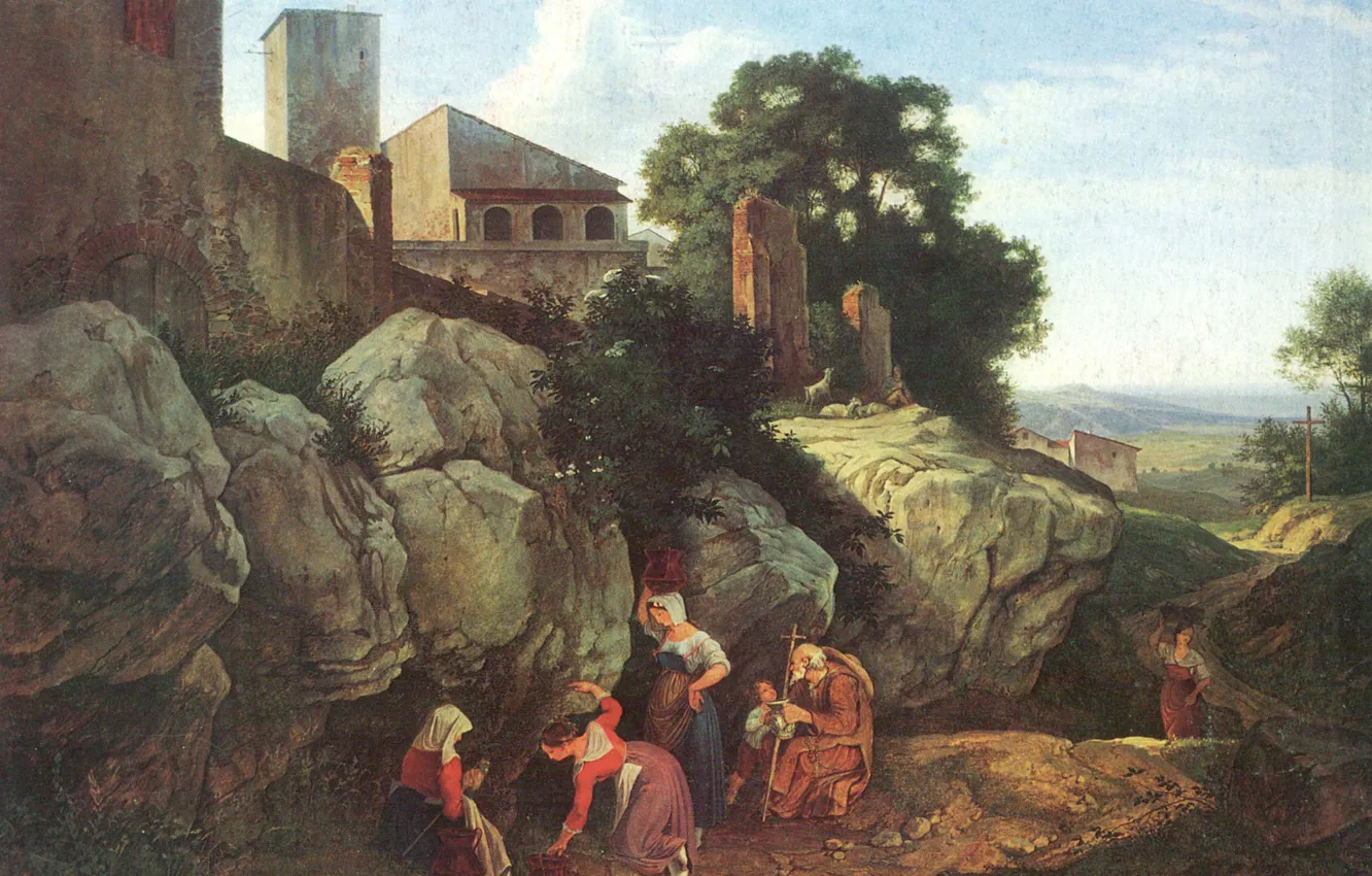 Photo wallpaper landscape, rocks, picture, source, genre, Ariccia, Adrian Ludwig Richter