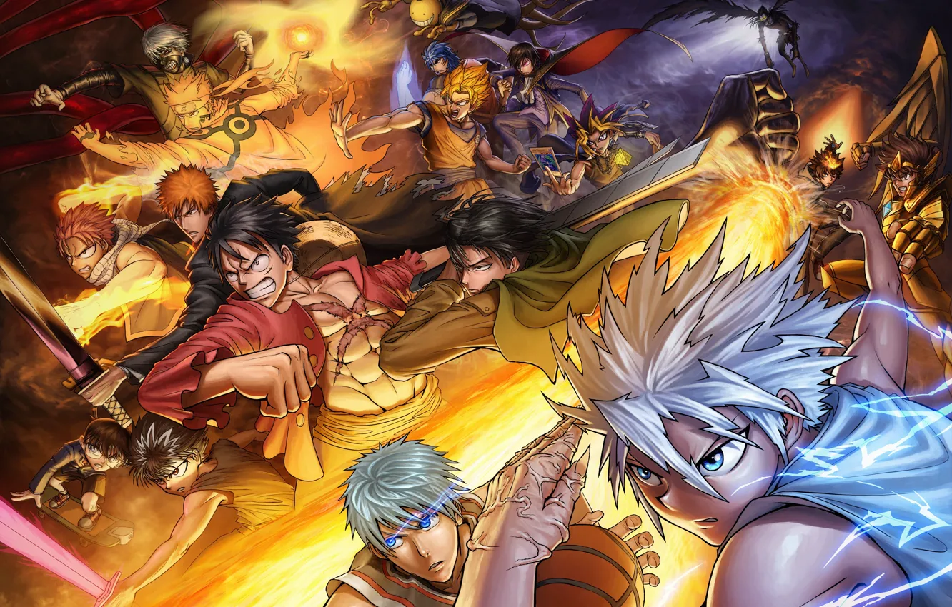 Photo wallpaper art, battle, Kurosaki Ichigo, monkey d luffy, characters, Uzumaki naruto, killua zaoldyeck, sawada tsunayoshi