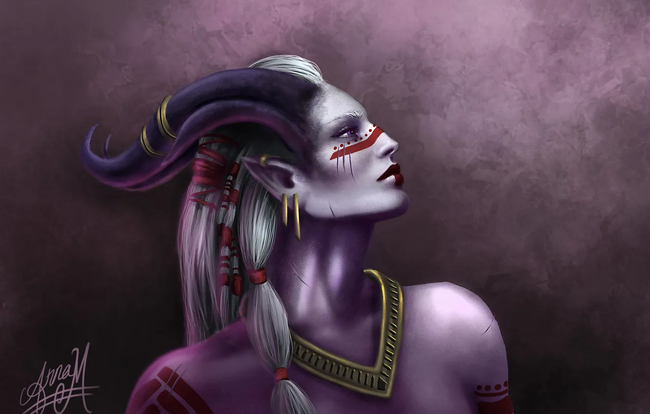 Photo wallpaper girl, art, horns, profile, Dragon Age Inquisition, Kunar