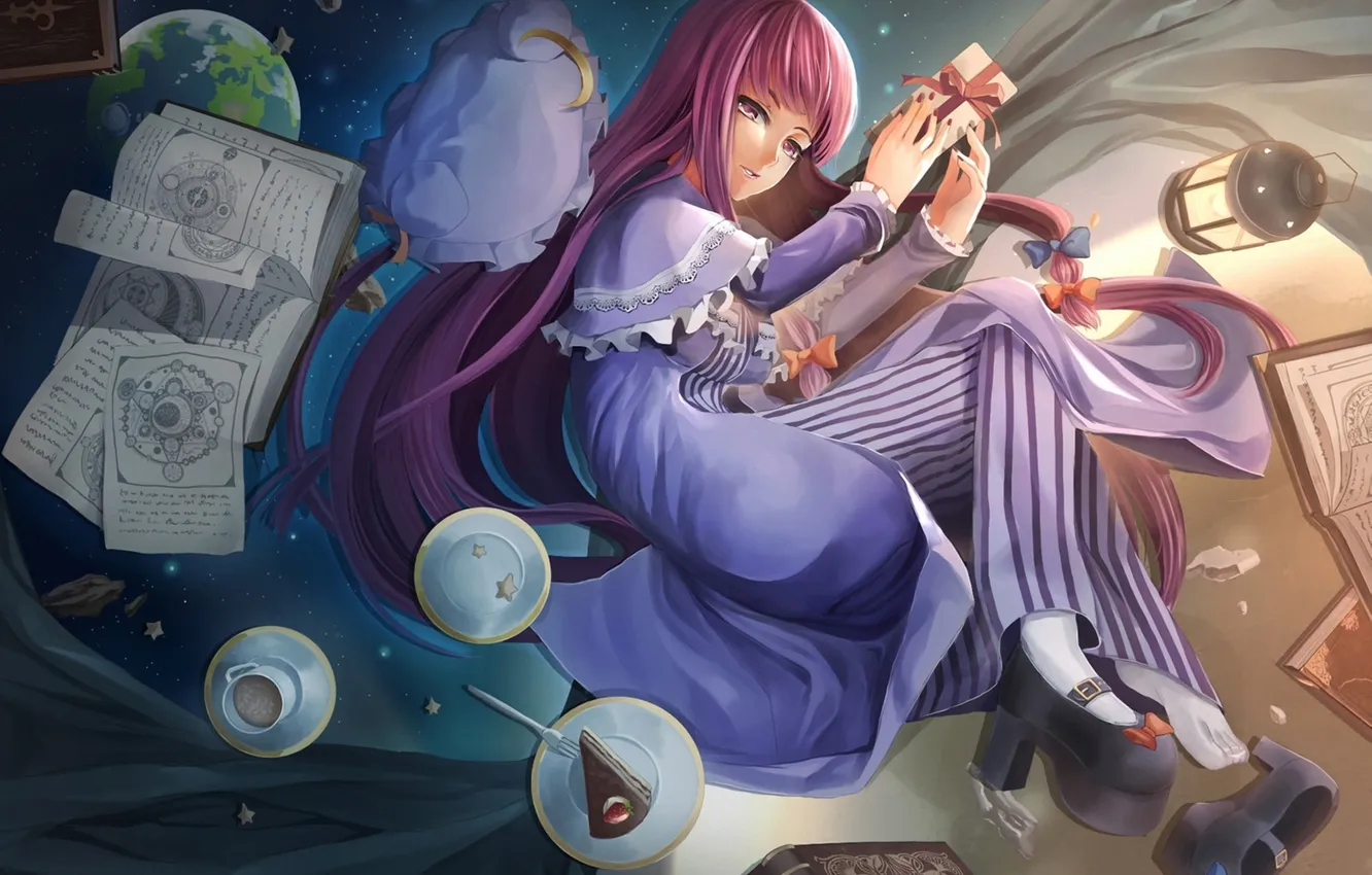 Photo wallpaper girl, box, gift, planet, art, lights, mug, book