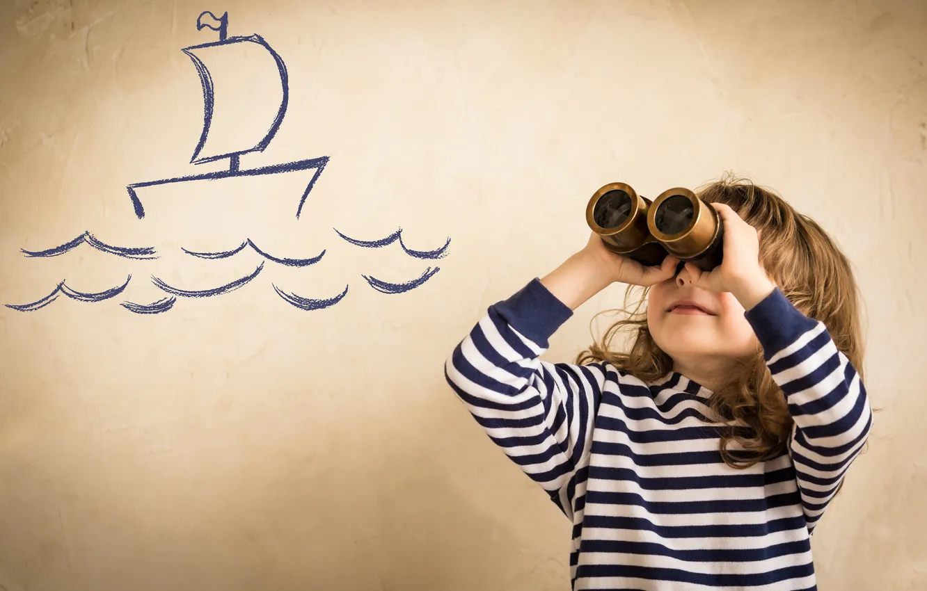 Photo wallpaper wave, ship, girl, binoculars, child