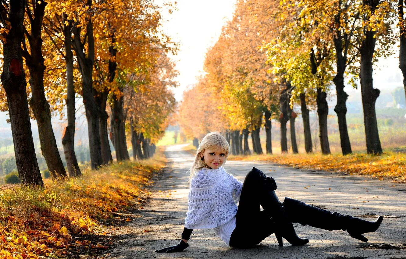 Photo wallpaper road, autumn, girl, trees, blonde