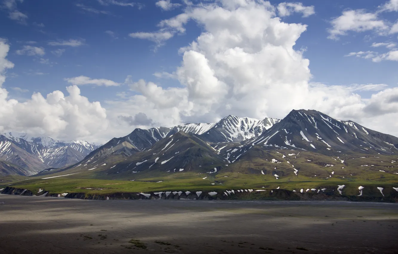 Photo wallpaper clouds, snow, mountains, river, rocks, ridge