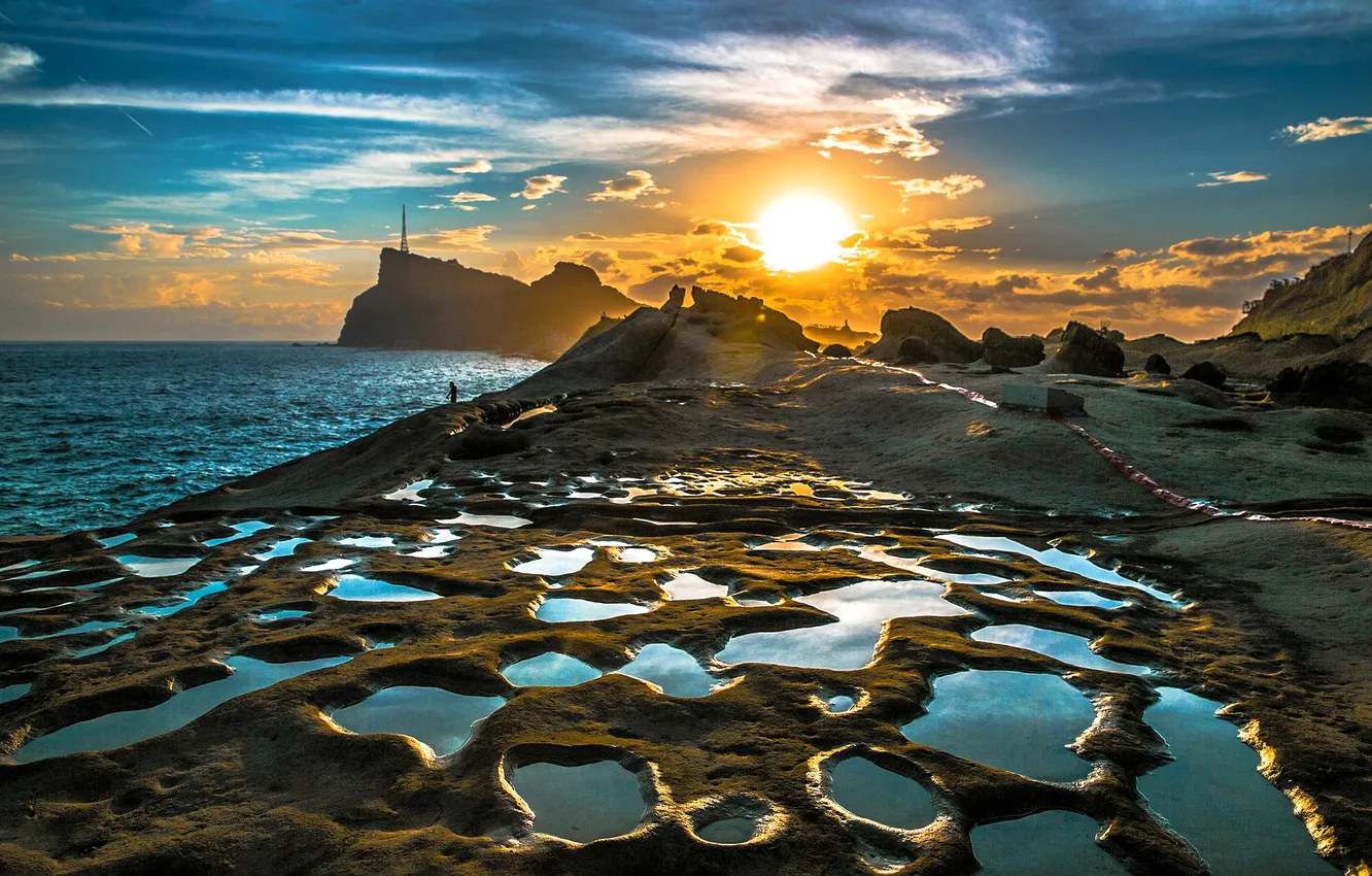 Photo wallpaper sea, the sky, clouds, sunset, rocks