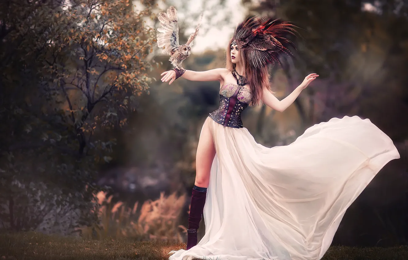Photo wallpaper girl, nature, pose, style, tree, owl, bird, feet