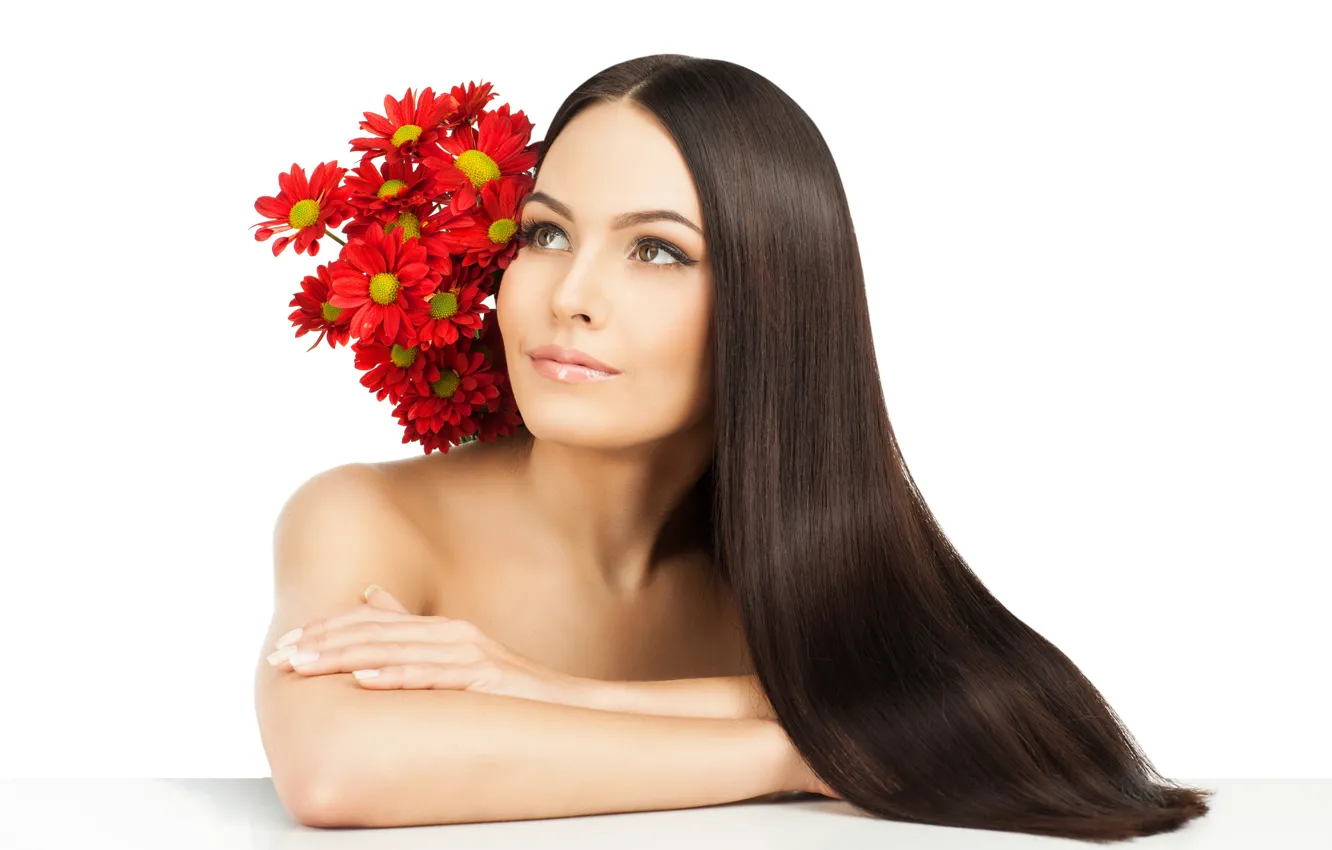 Photo wallpaper girl, flowers, face, background, brown hair