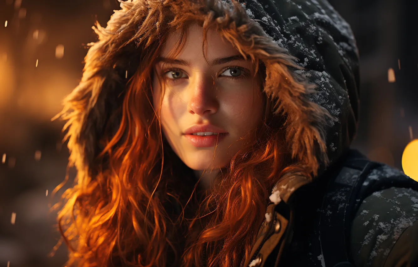 Photo wallpaper winter, look, girl, hair, hood, red, closeup, digital art