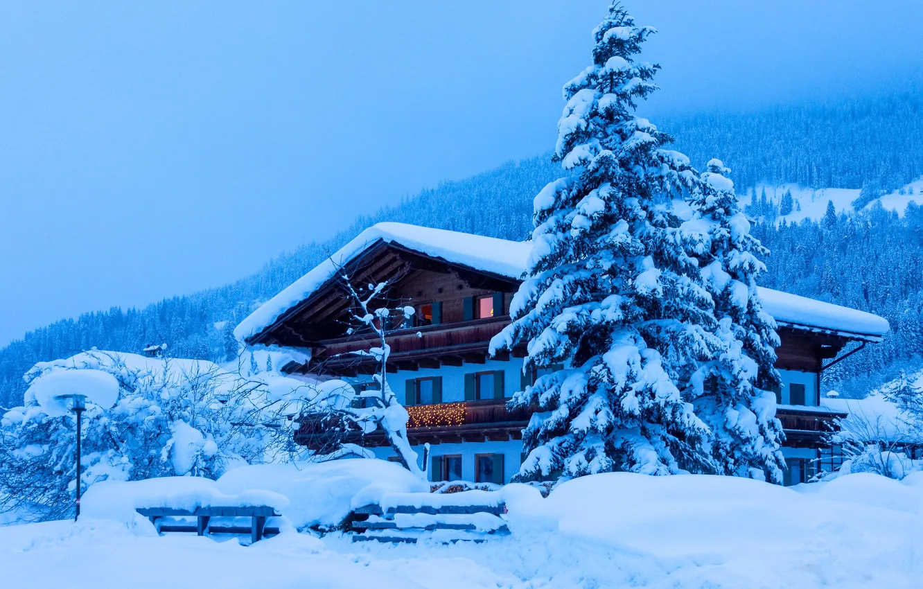 Photo wallpaper winter, the sky, snow, mountains, house, blue, the slopes, the fence