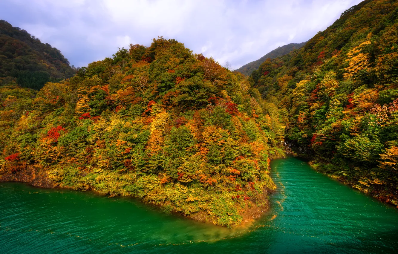 Photo wallpaper autumn, forest, mountains, lake, Japan, Tazawa