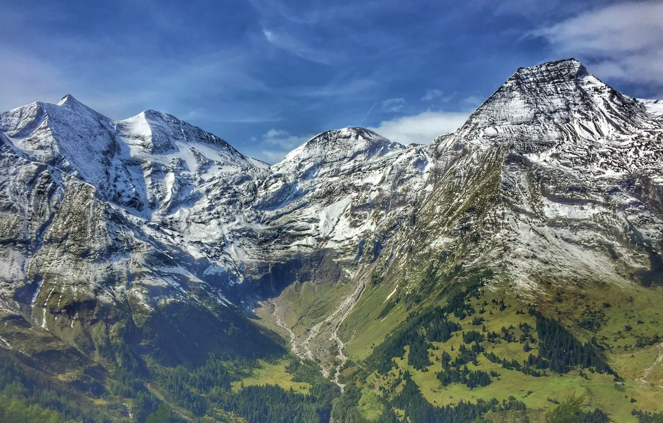 Photo wallpaper the sky, clouds, snow, trees, mountains, nature, rocks, Austria