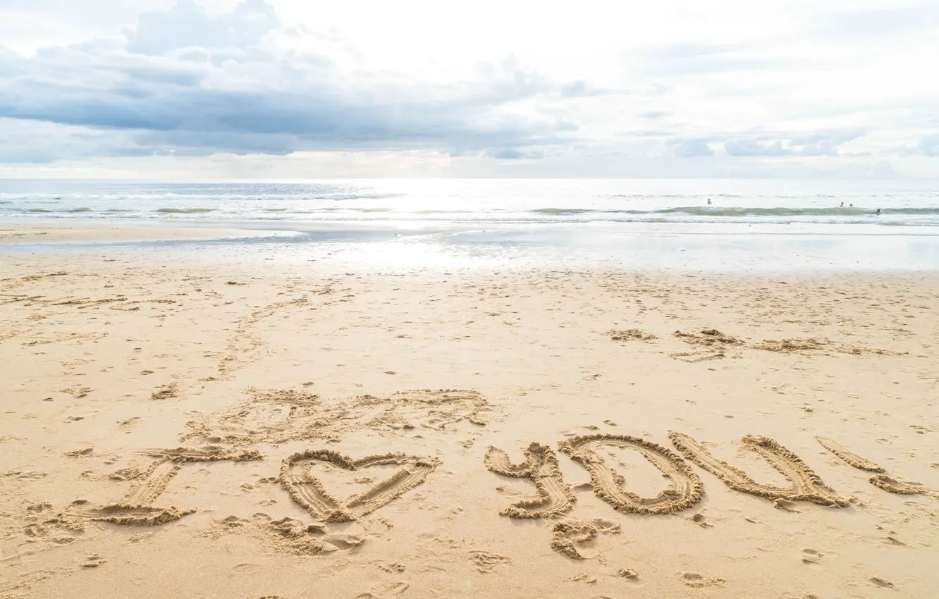 Photo wallpaper sand, sea, beach, love, heart, love, beach, I love you