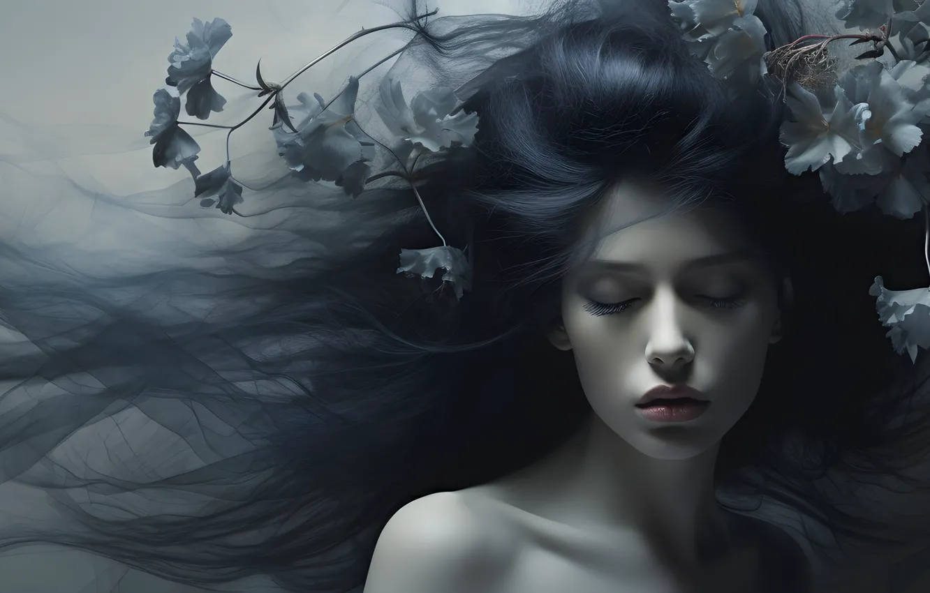 Photo wallpaper girl, light, flowers, branches, portrait, brunette, grey background, shoulders