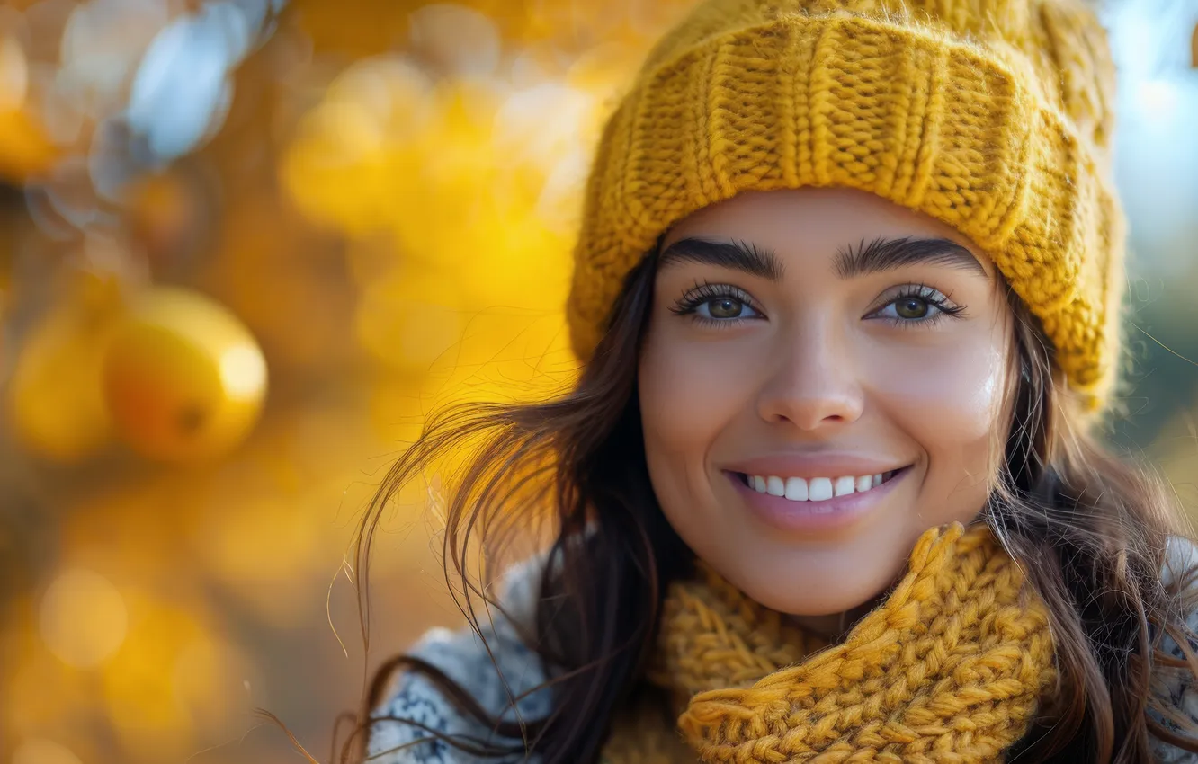 Photo wallpaper autumn, look, girl, yellow, smile, hat, portrait, makeup