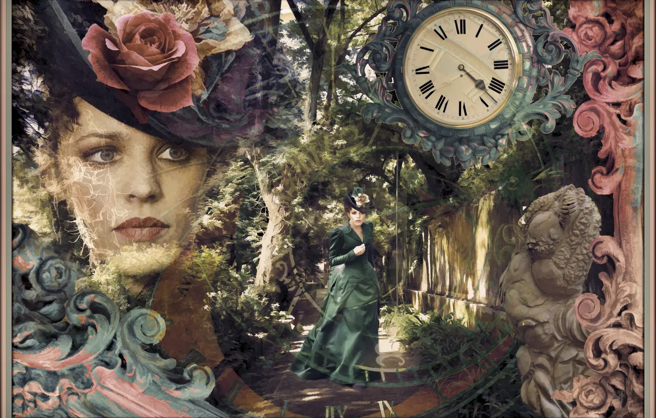 Photo wallpaper girl, collage, watch, Irene Adler