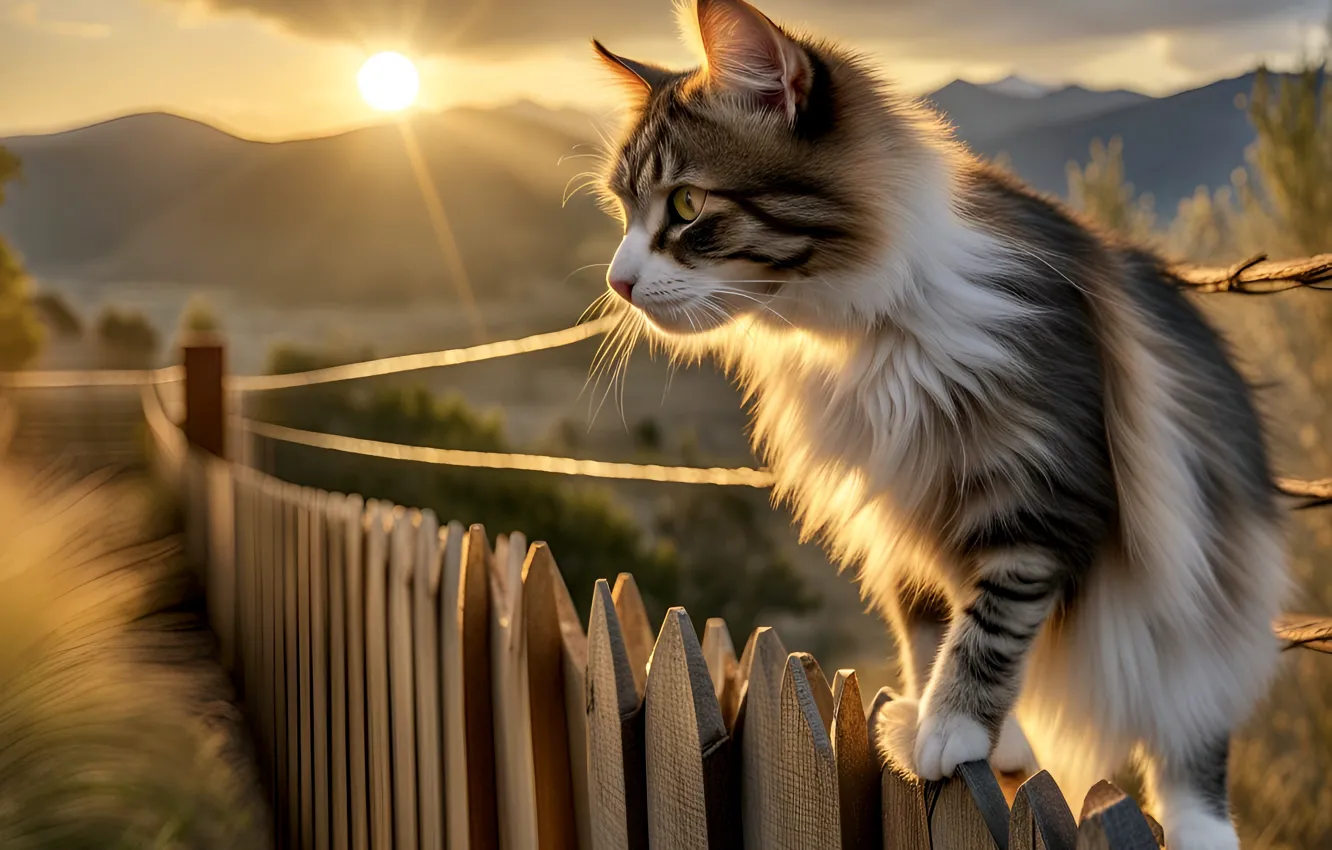 Photo wallpaper cat, grass, cat, look, the sun, rays, mountains, branches