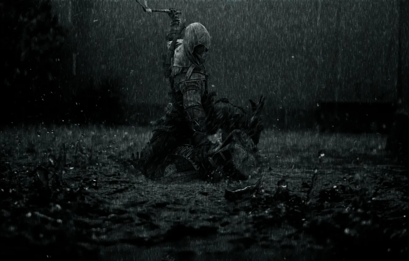 Photo wallpaper rain, dark, killer, rain, creed, assassins, assassin, the creed of the assassins