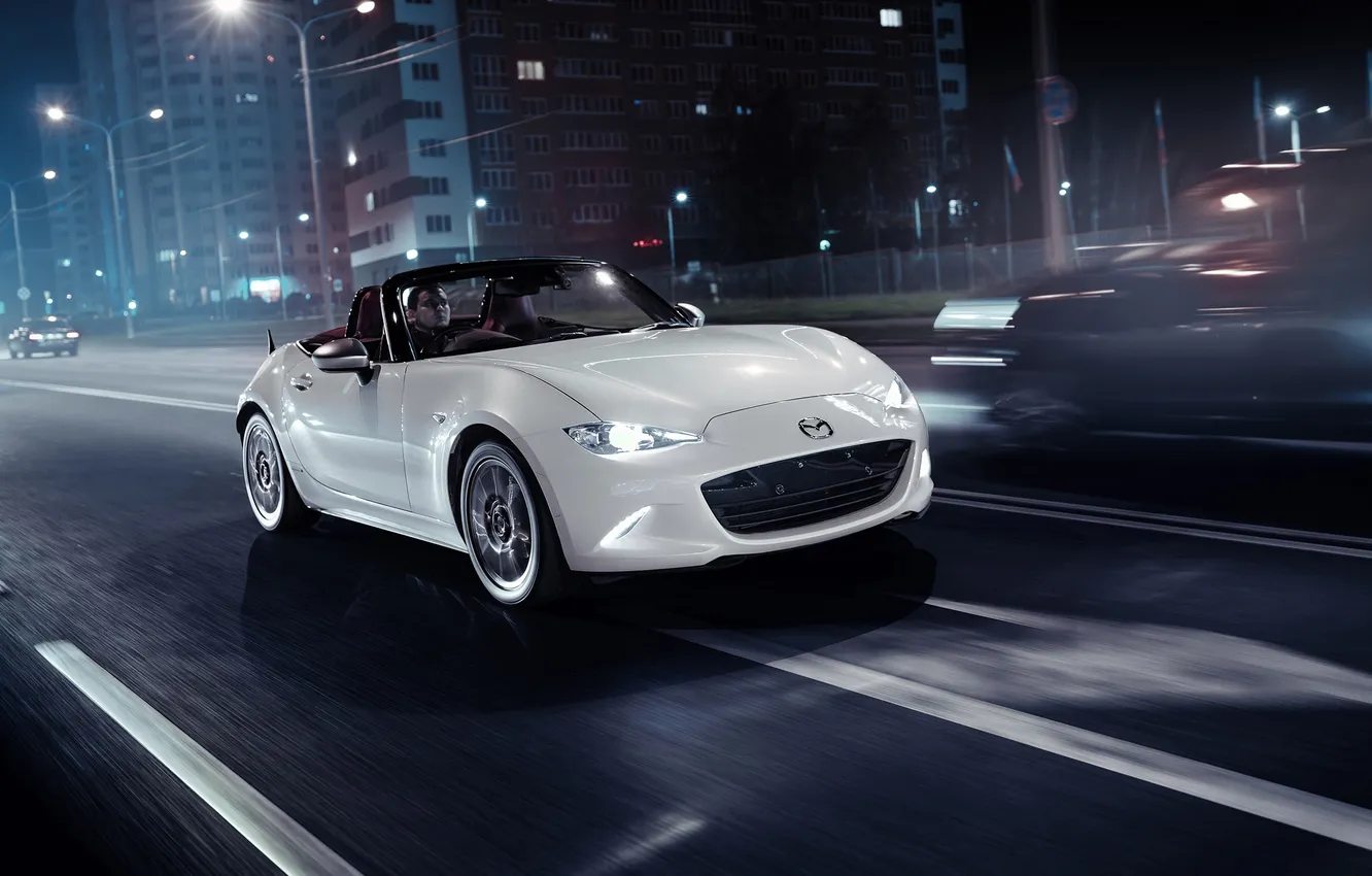 Photo wallpaper road, Roadster, night city, Mazda mx-5