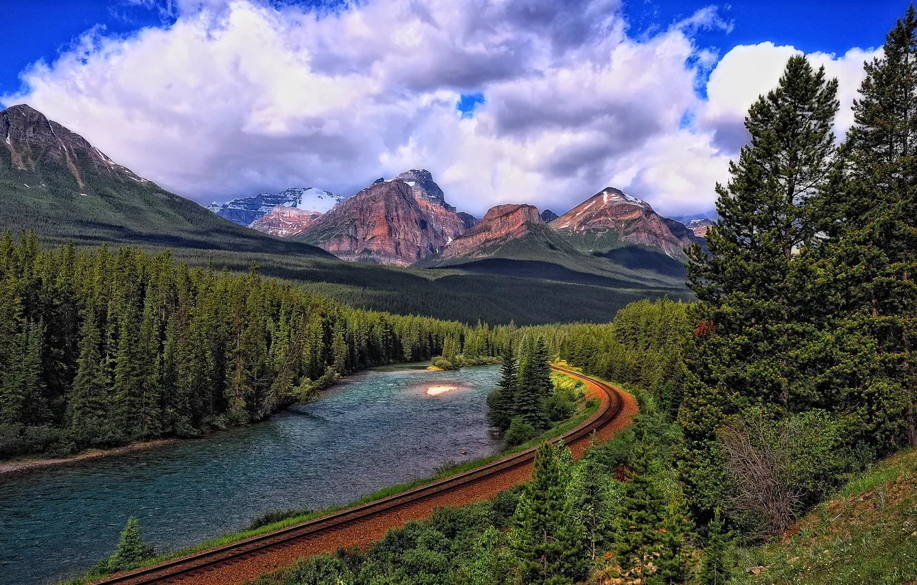 Photo wallpaper road, forest, the sky, clouds, mountains, river, rails