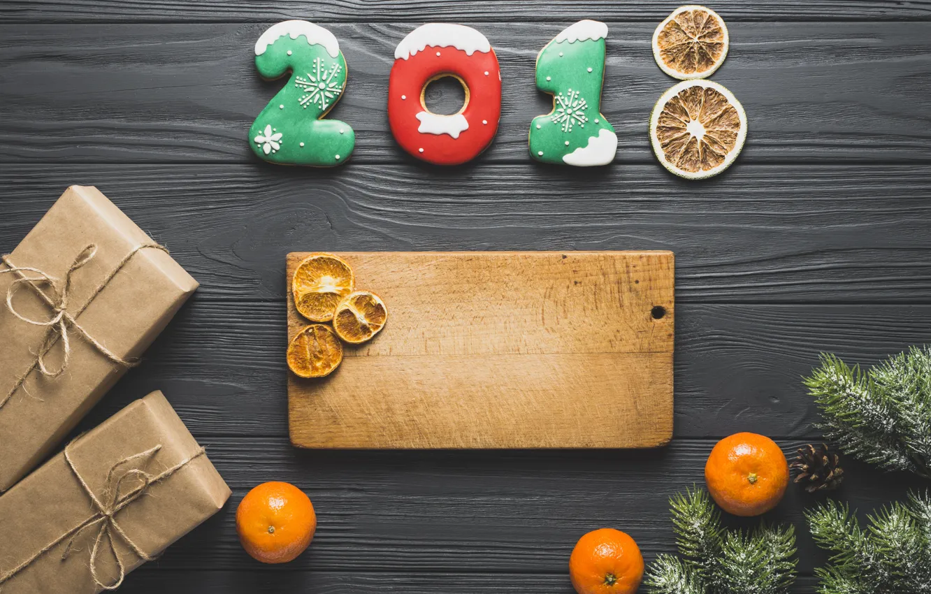 Photo wallpaper holiday, new year, spruce, cookies, Mandarin, dry orange