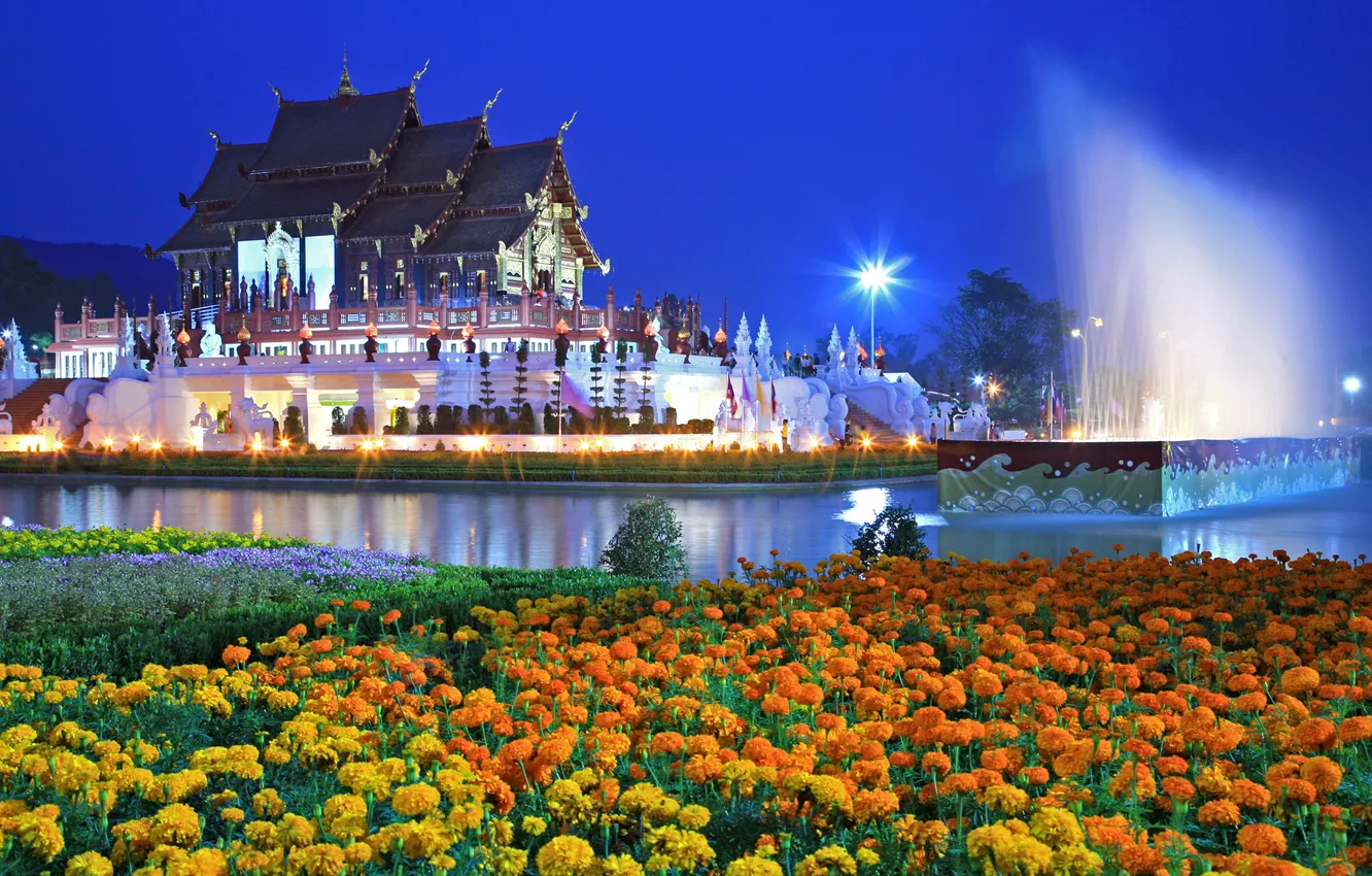 Photo wallpaper water, flowers, lights, Park, the evening, lights, Thailand, fountain