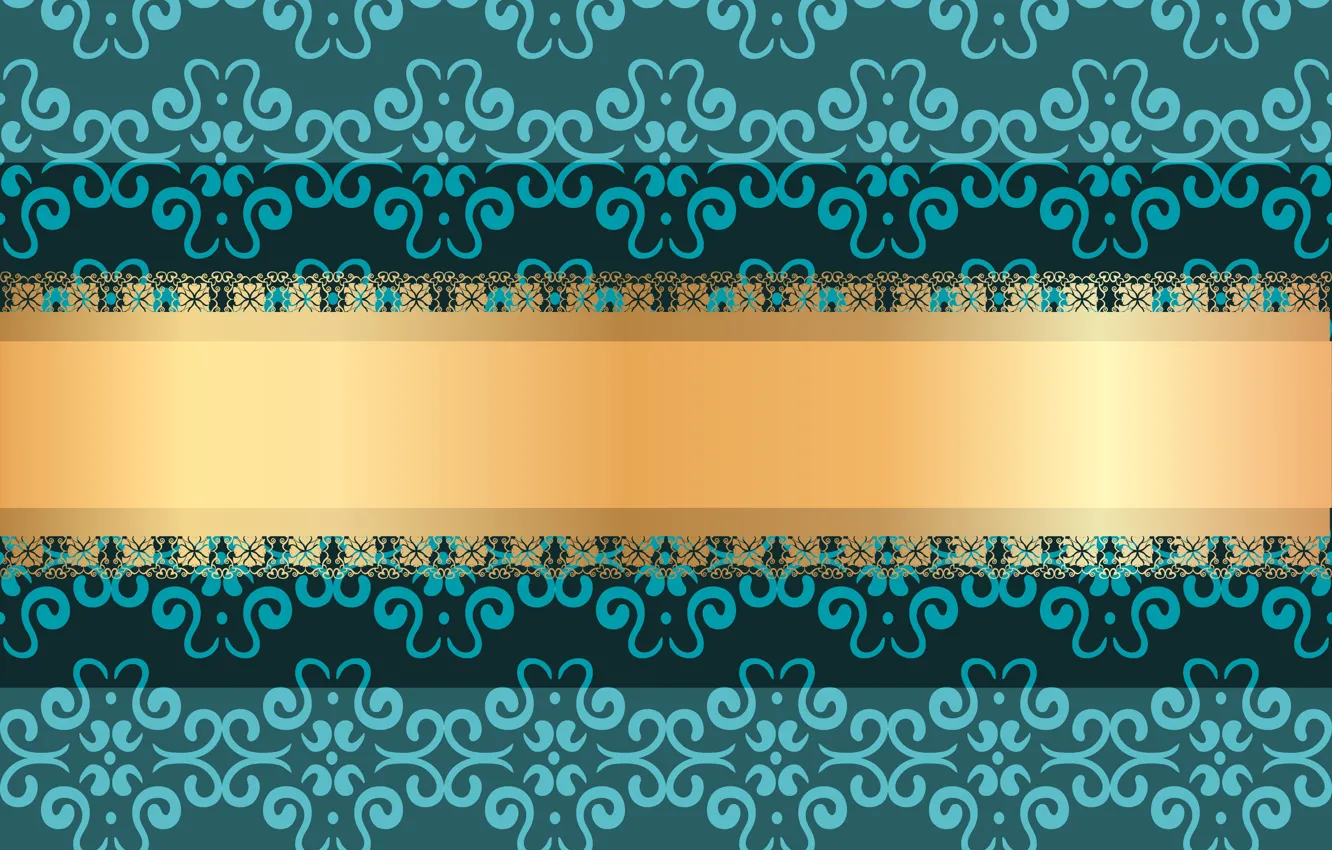 Photo wallpaper flowers, green, background, pattern, texture, gold ribbon
