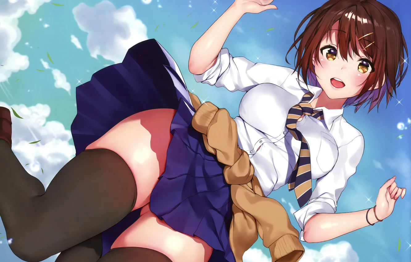 Photo wallpaper girl, sexy, school uniform, thighhighs, legs, boobs, anime, beautiful