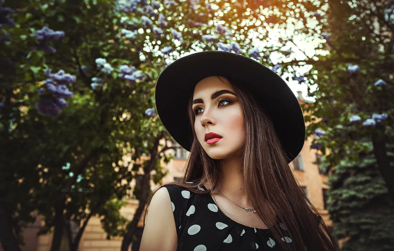 Photo wallpaper trees, model, portrait, hat, makeup, dress, hairstyle, brown hair