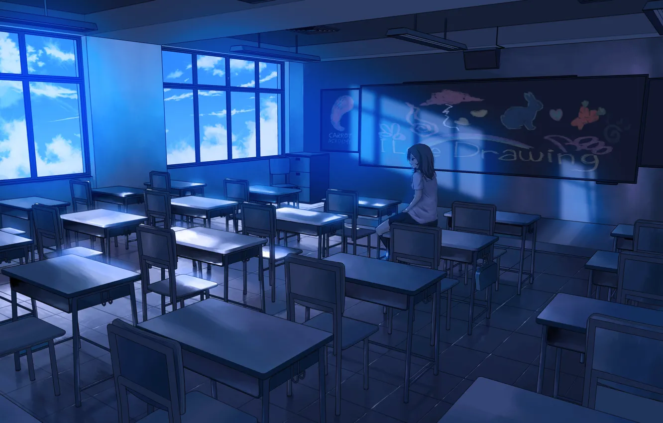 Photo wallpaper the sky, girl, clouds, anime, art, form, Board, schoolgirl