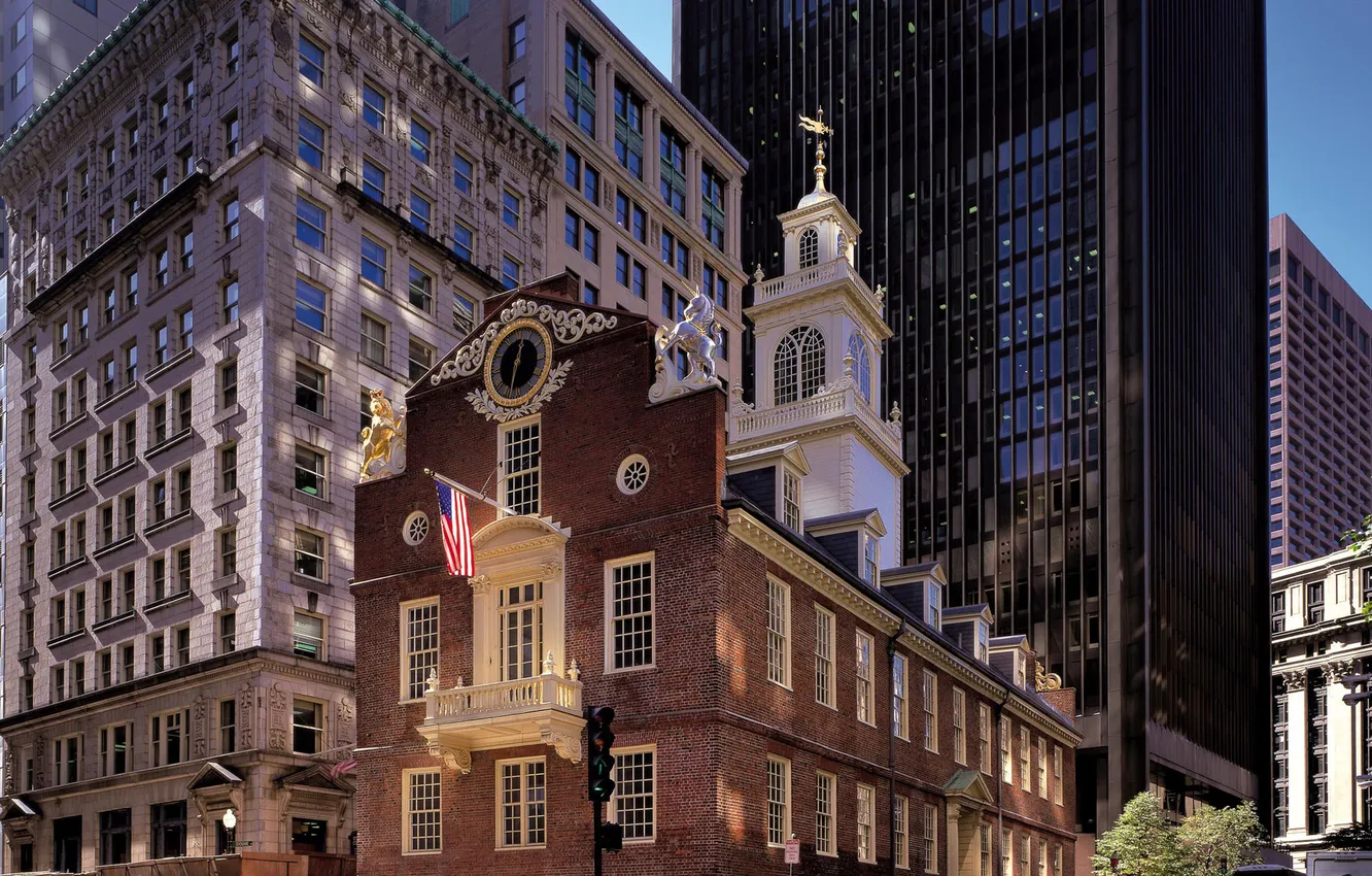 Photo wallpaper Wallpaper, street, skyscrapers, flag, wallpaper, USA, America, Boston