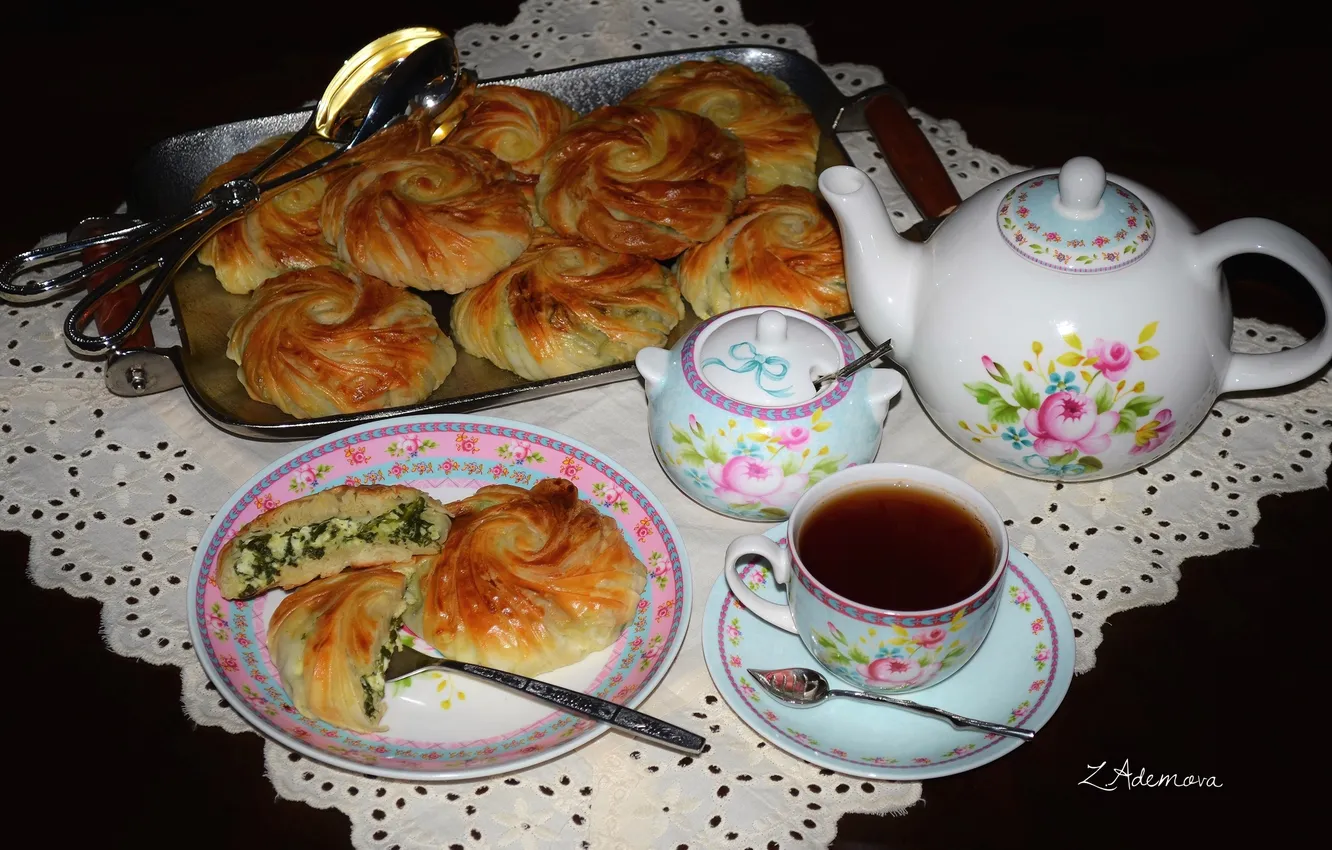 Photo wallpaper tea, kettle, cakes, buns, spinach