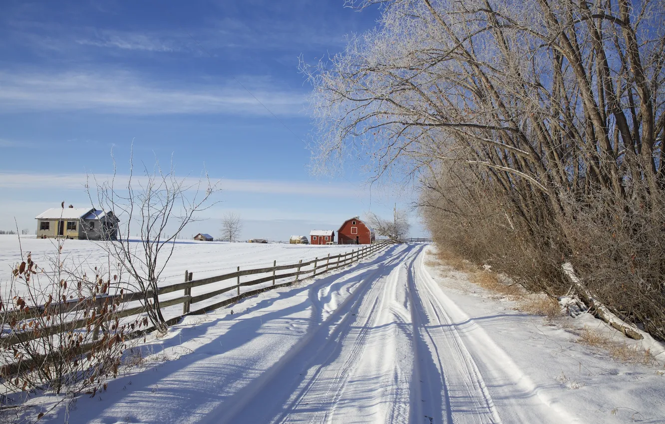 Photo wallpaper winter, road, snow, trees, the fence, home, Canada, Albert