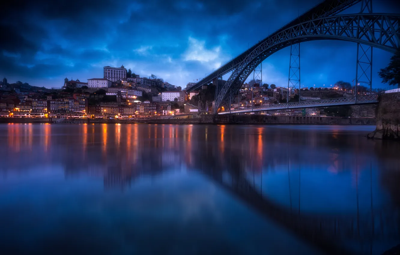 Photo wallpaper clouds, bridge, reflection, river, home, the evening, Portugal, Port