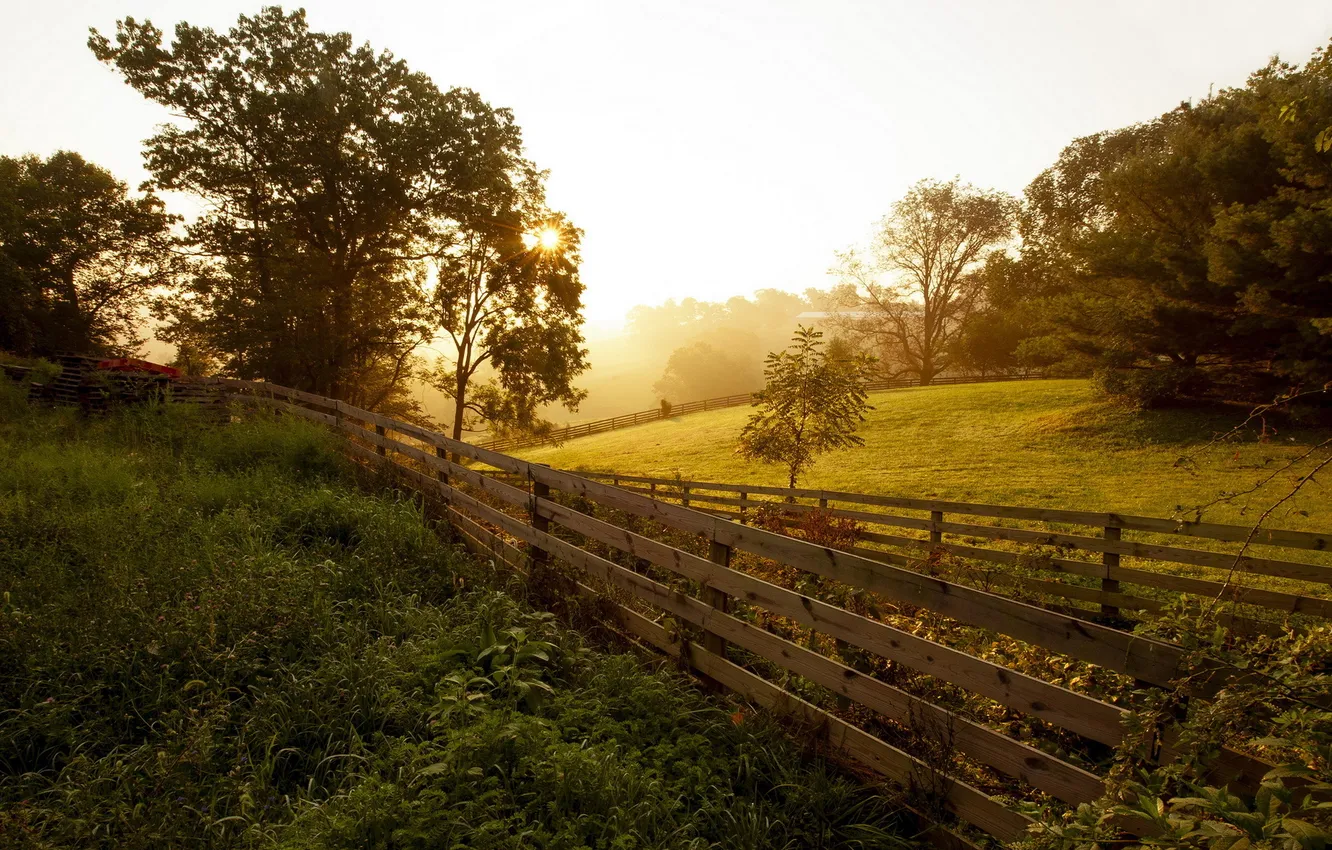 Photo wallpaper landscape, sunset, nature, the fence
