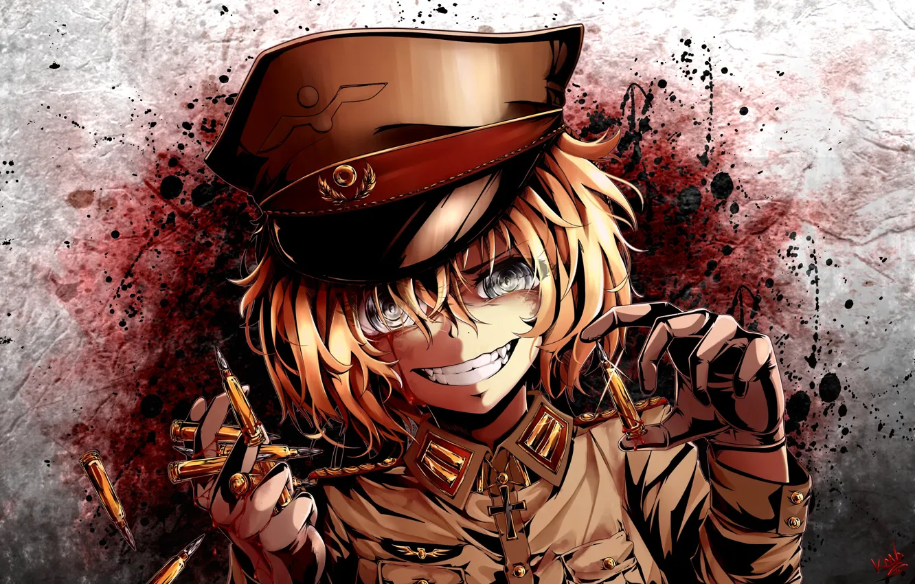 Photo wallpaper girl, blood, soldier, military, war, anime, face, blonde