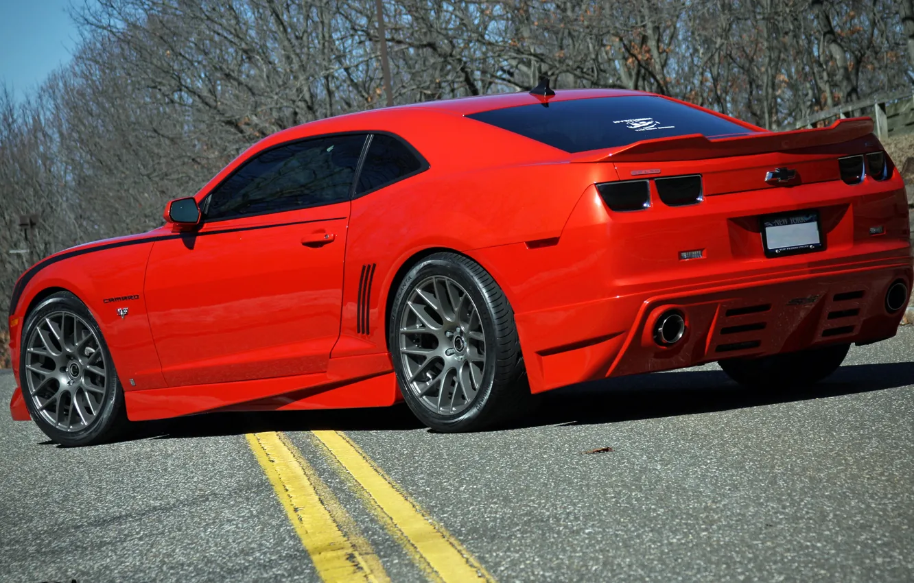 Photo wallpaper Auto, Road, Trees, Chevrolet, Tuning, Machine, Camaro