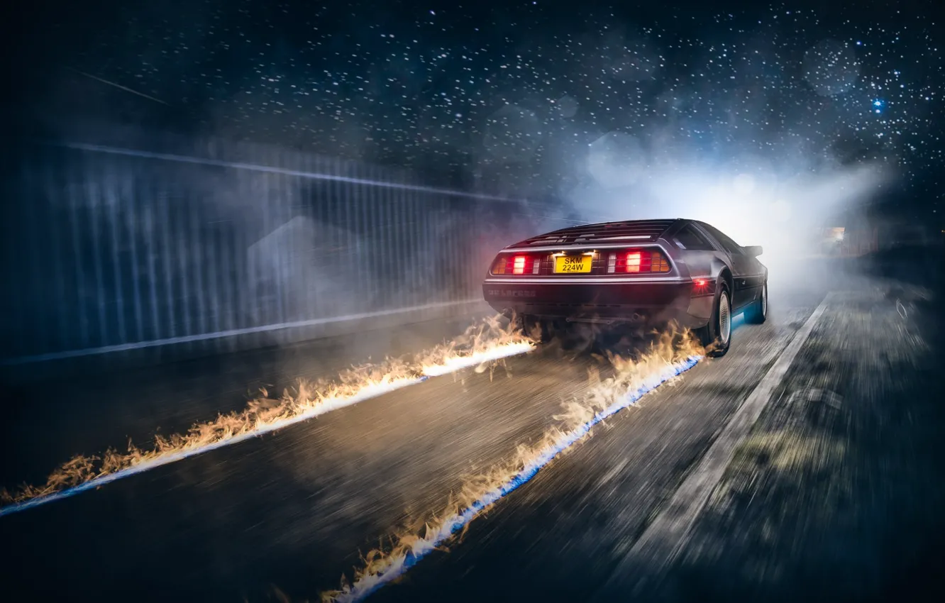 Photo wallpaper Car, Fire, DeLorean, DMC-12, Rear, Ligth, Nigth, Back To The Future