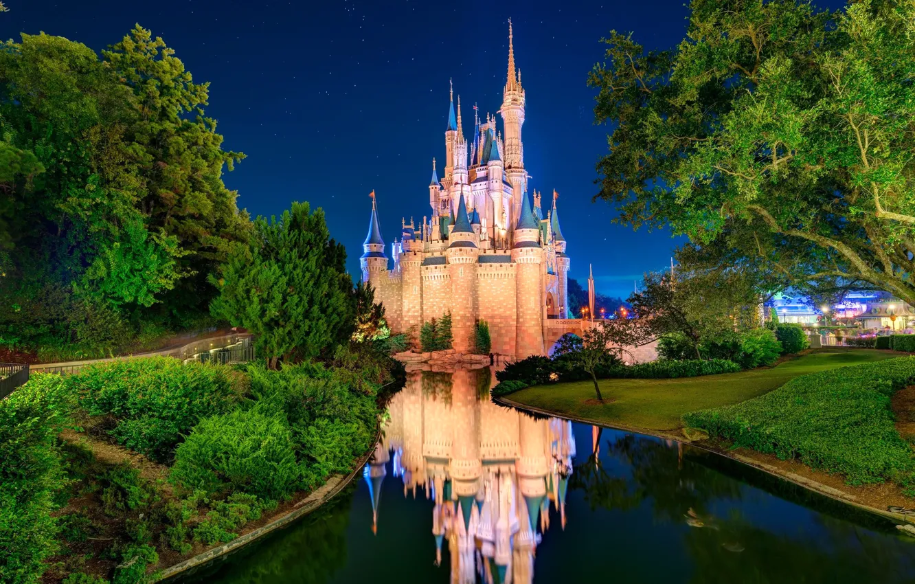 Photo wallpaper the sky, stars, trees, Park, river, USA, Disneyland, Orlando