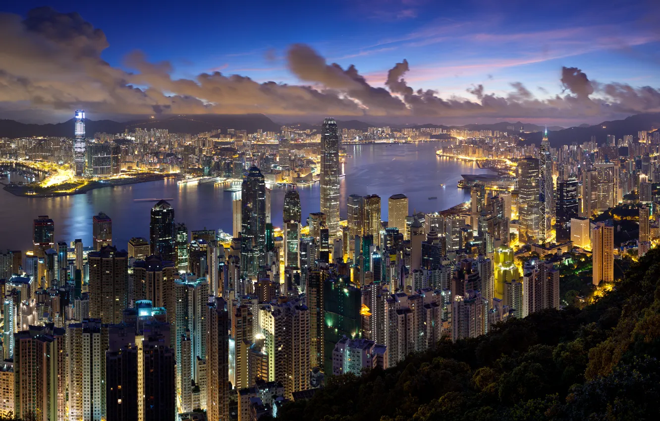 Photo wallpaper clouds, the city, lights, the evening, Hong Kong, Hong Kong